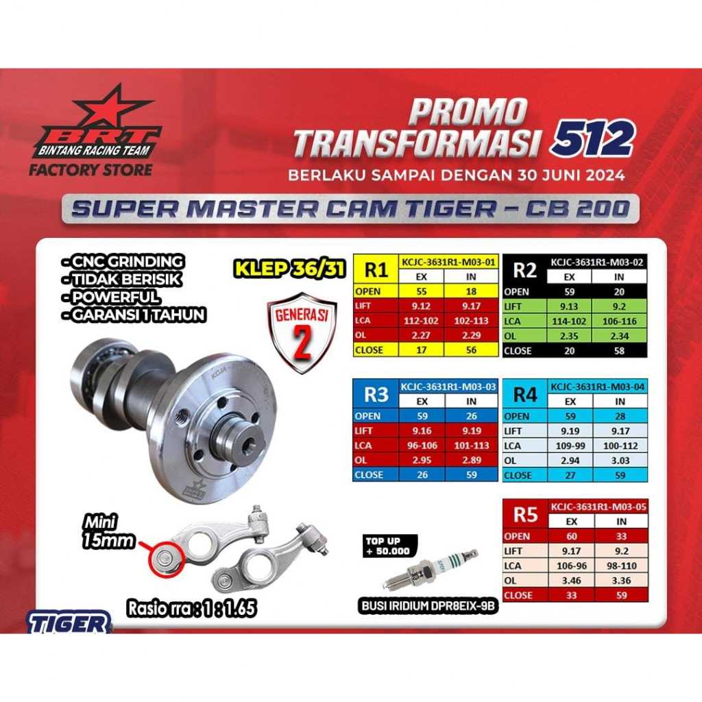 CAMSHAFT NOKEN AS ORIGINAL BRT TIGER GENERASI 2 KCJC 15MM KLEP 36/31 TIPE R1 R2 R3 R4 R5 R6 R7 R8 R9