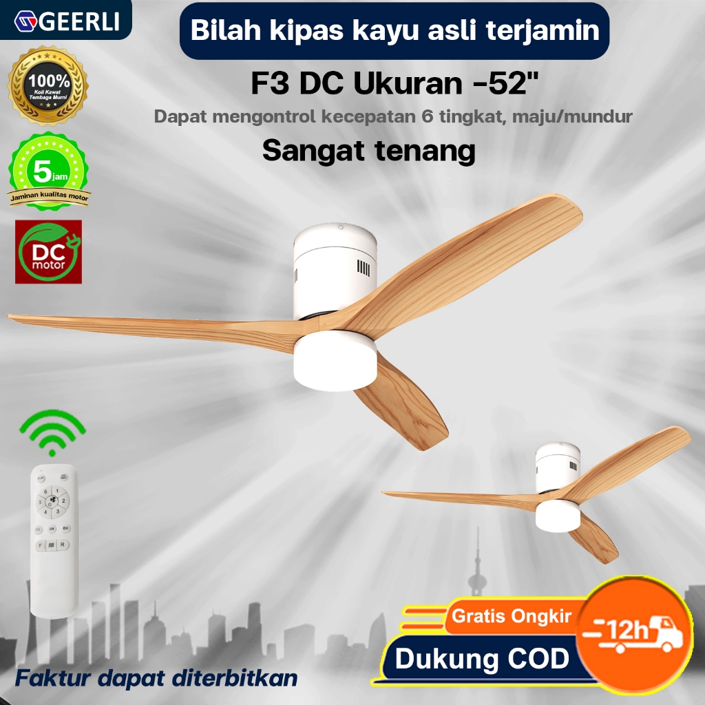 GEERLI Kipas Angin Gantung 52 Inch dengan Lampu, 6 Kecepatan Disesuaikan + 3 Jenis Warna Lampu, Moto