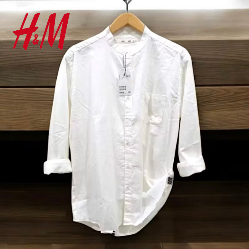 Kemeja Sanghai HM Putih Pria Polos / Kemeja Lengan Koko Panjang Catton Twill Pria / Kemeja All Varia