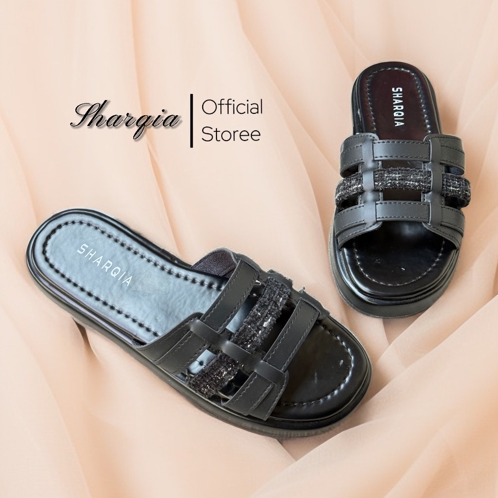 sharqia-Sandal Kasual Wanita Model Terbaru Anti Slip Sendal Flatbed Cewek Karet ban 3 motif kain hit