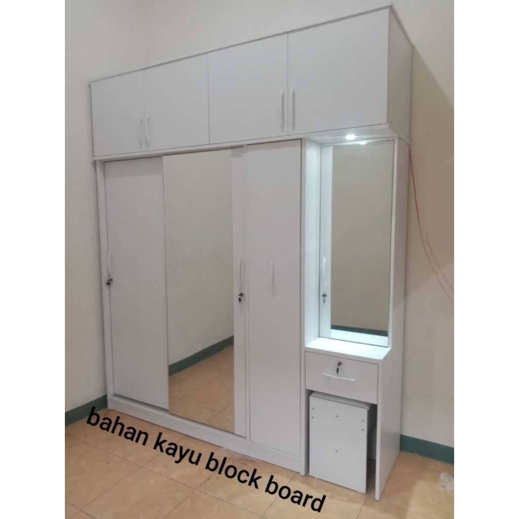 lemari pakaian pintu2 sliding rak hijab meja rias lampu | kabinet box | BAHAN KAYU BLOCK BOARD