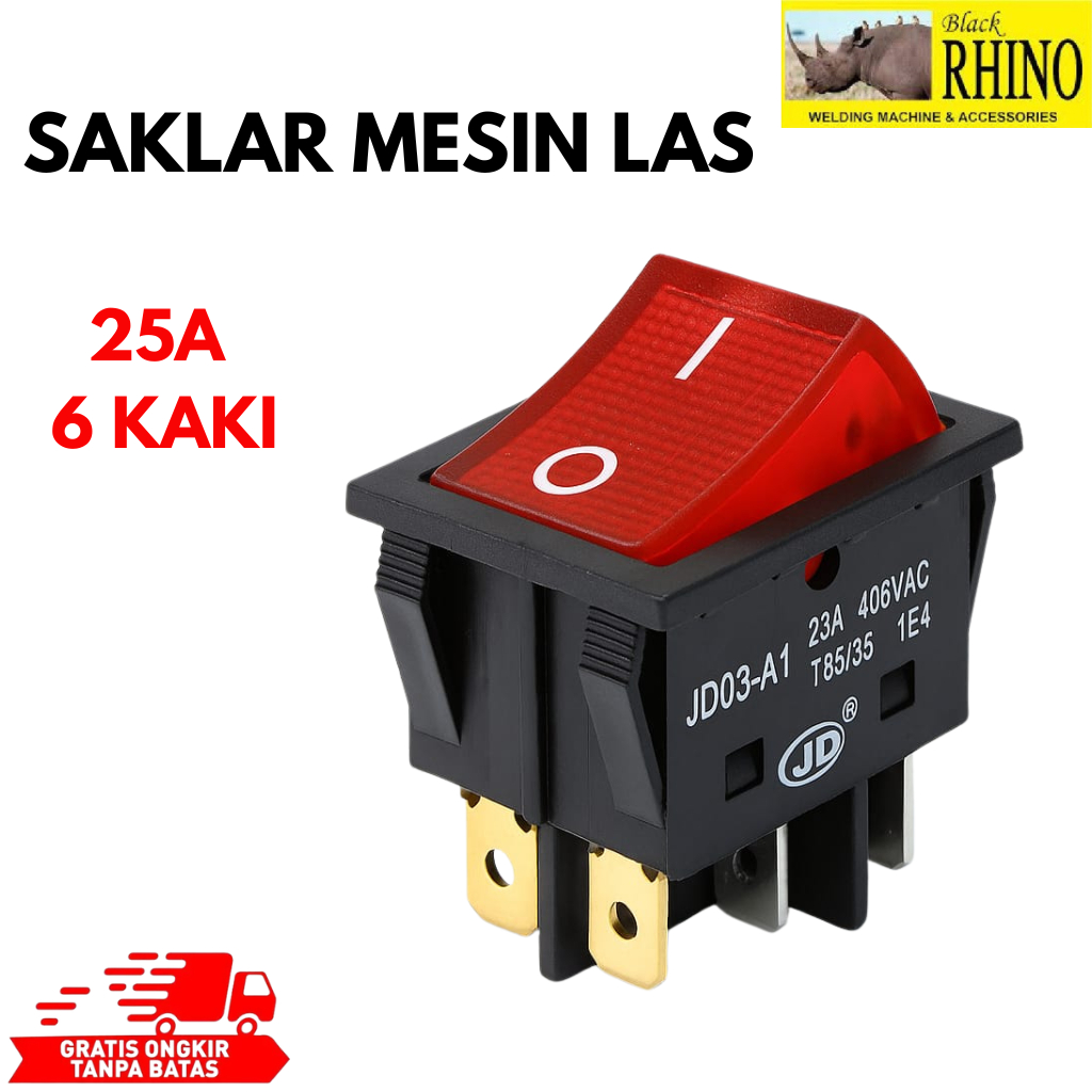 RHINO Saklar Mesin Las 6 Kaki 25A JD03-A1 Tahan Panas, Cocok untuk Panel Kontrol dan Mesin Las