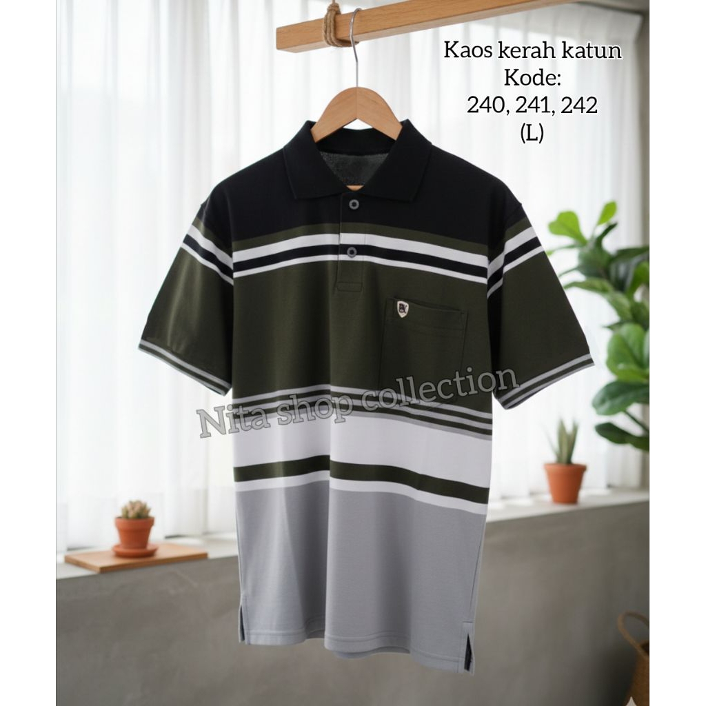 Kaos Kerah Katun Pria Dewasa Bisa COD / Pakaian Bapak Bapak Bermotif Garis / Baju THR Berkerah Bahan