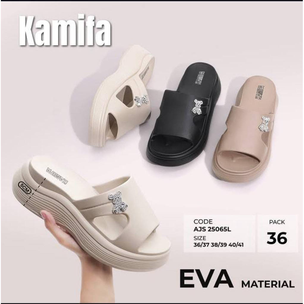 25065 L / REAL PIC Sandal Selop Wedges Karet Jelly Eva Wanita Sol Tebal Manik Teddy Bear Blink Hits 