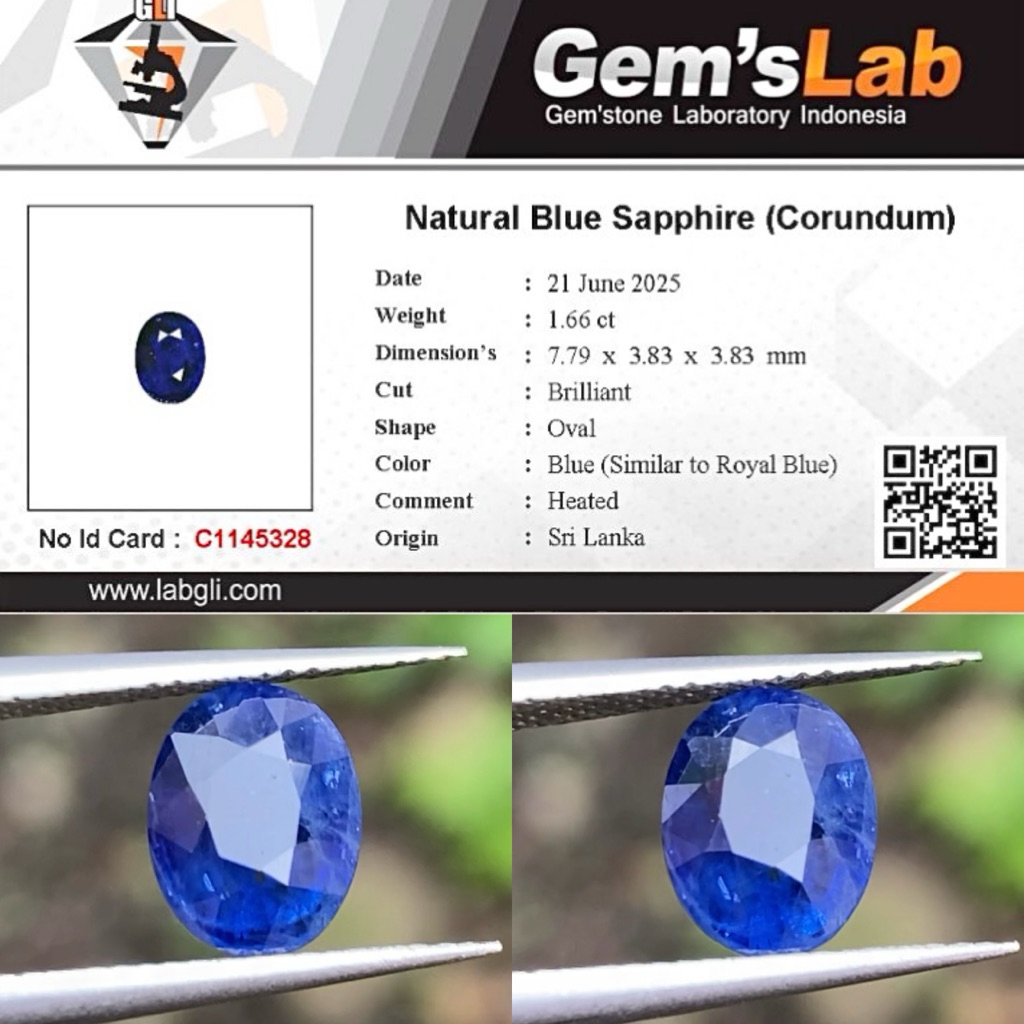 1,66 cts Natural sim to Royal Blue Sapphire origin Sri Lanka (Ceylon) Heated Memo GLI