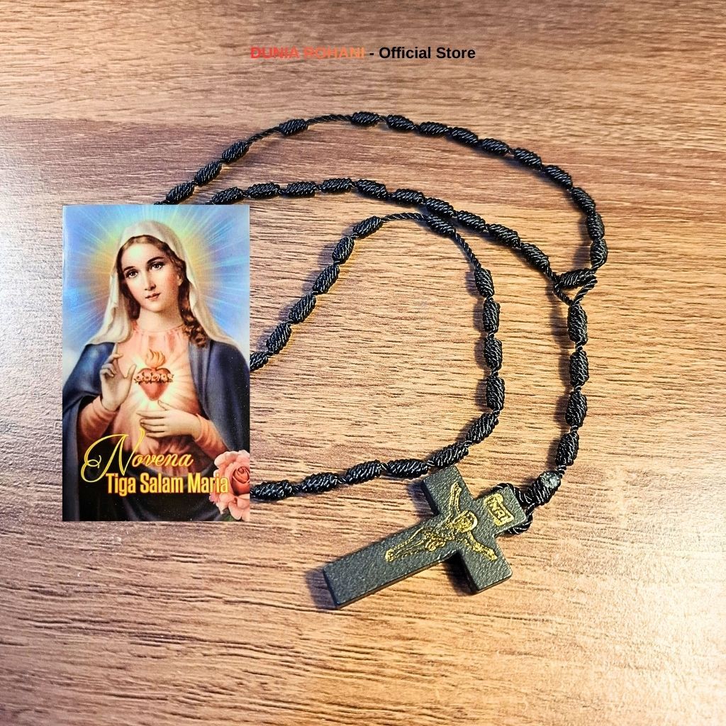 Kalung Rosario Bunda Maria Tali Lilit Hitam Salib Kayu