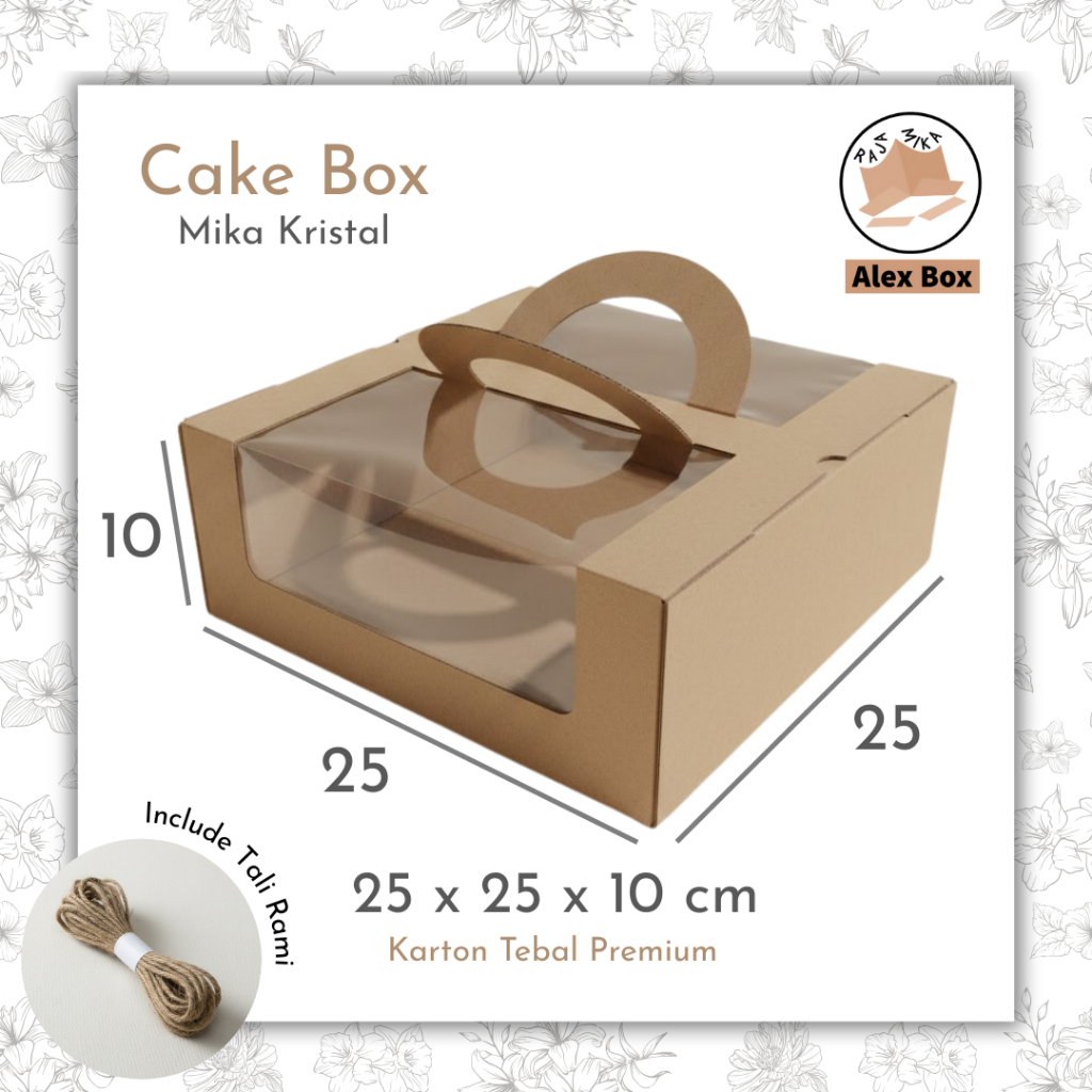 Box Kue Mika Kristal 25x25x10 cm Premium Tebal – Cake Box Jinjing Handle Brown Kraft - Include Tali 