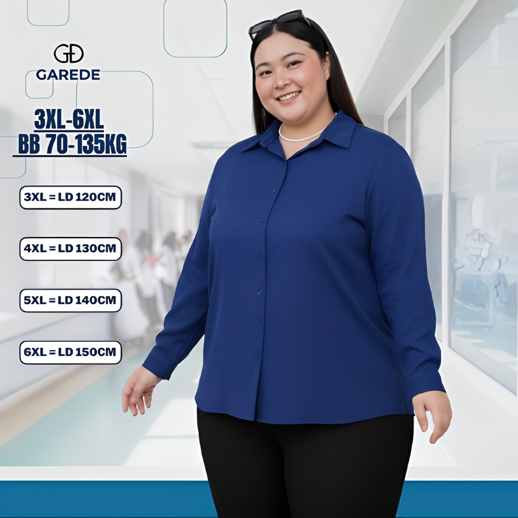 Garede Oversize Shirt - Kemeja Oversize Wanita Jumbo LD 120 130 140 150 Hem Lengan Panjang Polos