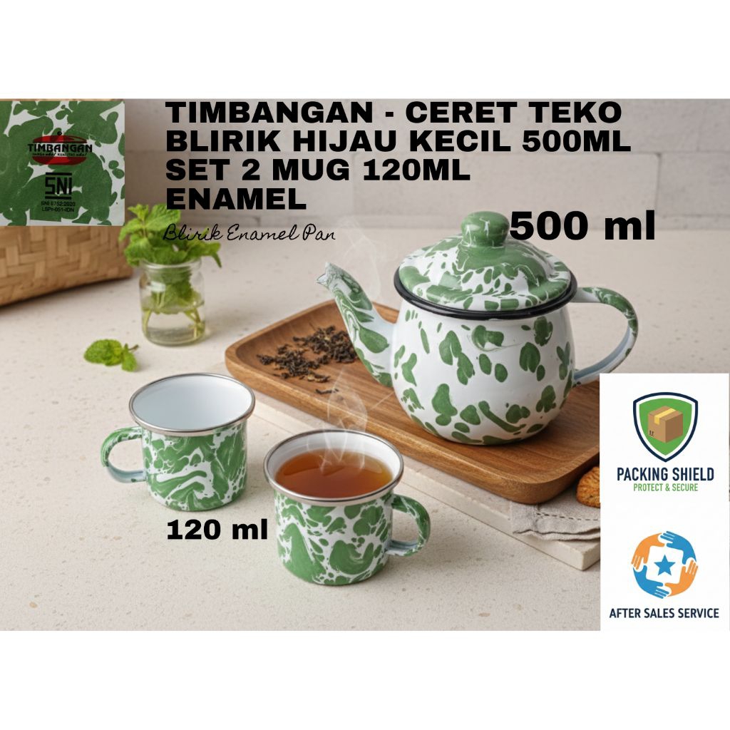 Timbangan Merk - Ceret Teko Set Blirik Hijau Kecil 500ml & 2 Mug 120ml - Enamel Anti Karat Gaya Vint