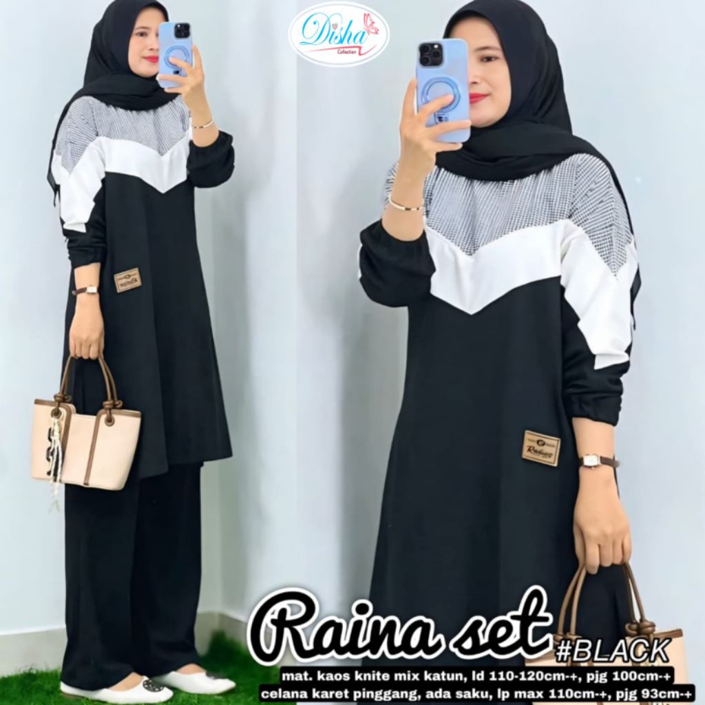 RAINA ONESET SETELAN WANITA CELANA PANJANG DAN KAOS TUNIK MOTIF POLOS BAHAN BABYTERI