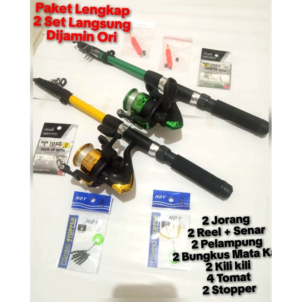 Pancingan 2 Set, 2 Reel KATANA HANZO 200 6Ball Bearing, Joran Antena bahan karbon Panjang 150cm, kek