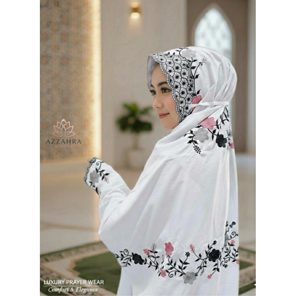 Mukena Terusan PRO MAX Putih Bordir Bunga Hitam Mewah. Mukenah Lajuran/Langsungan Santri, Bahan Katu