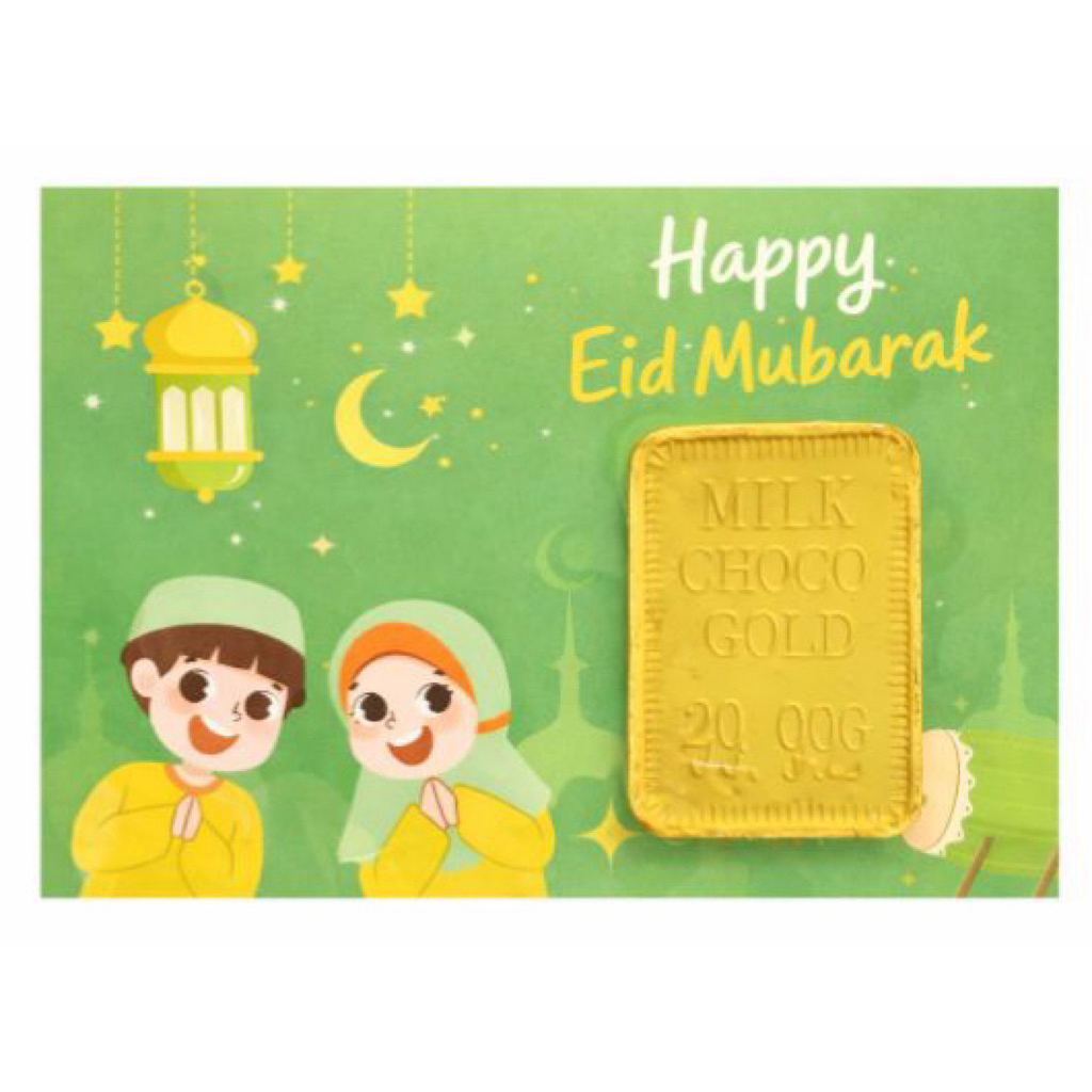 Kartu Ucapan Eid Mubarak + Coklat Emas | Souvenir Lebaran - Siap Dibagikan