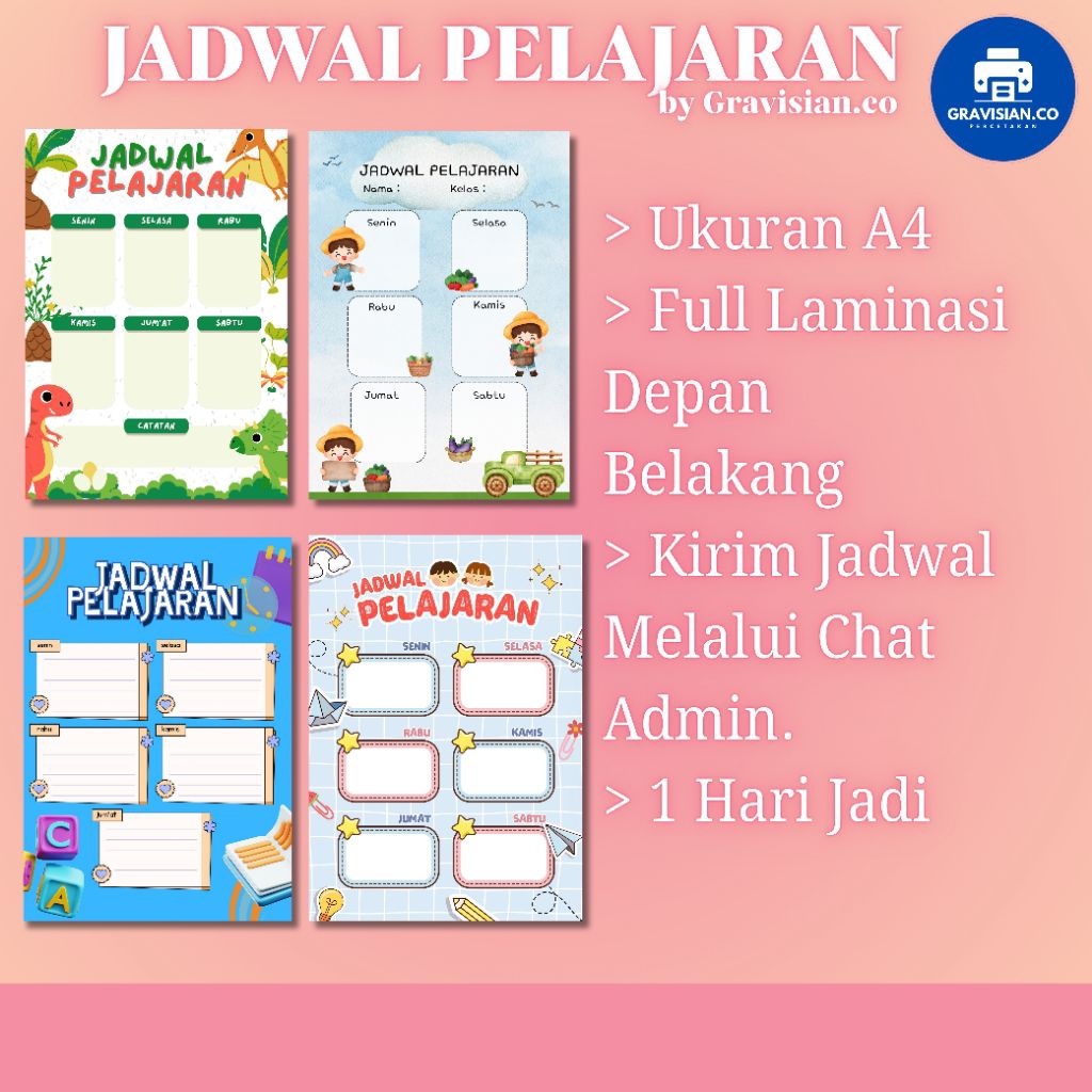 Cetak Jadwal Pelajaran Custom A4 - Full Laminasi Depan Belakang - Desain Lucu Anak Sekolah - Proses 