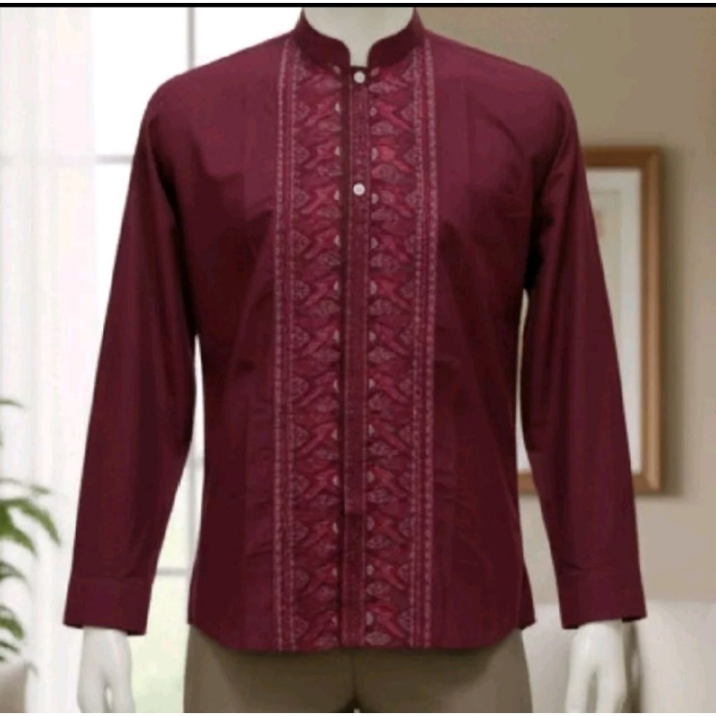 Baju Koko Pria Lengan Panjang Maroon Bordir Premium - Kemeja Koko Modern Lebaran KKKemeja Koko Pria 