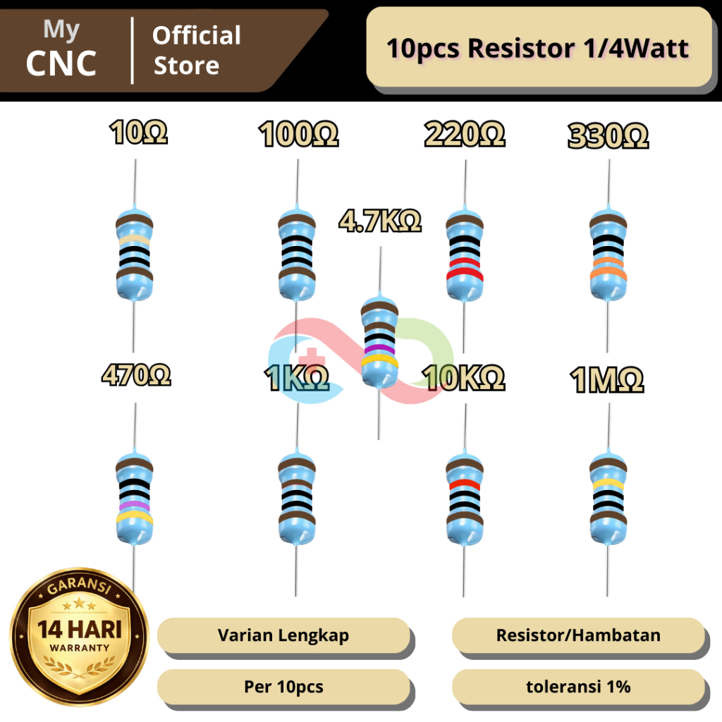 10Pcs Resistor Metal Film 1/4W 1% Hambatan 10 100 220 330 470 1K 4.7K 10K 10M Ohm – Komponen Elektro