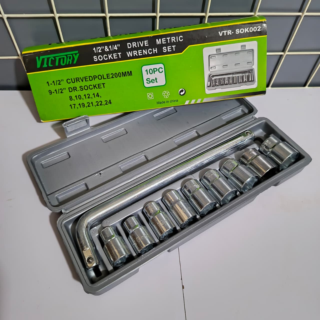 Victory Kunci Shock Set Lengkap 8 Sampai 24 mm 1/2" 10Pcs Bok Plastik Socket Wernch Ready Sok Tekiro