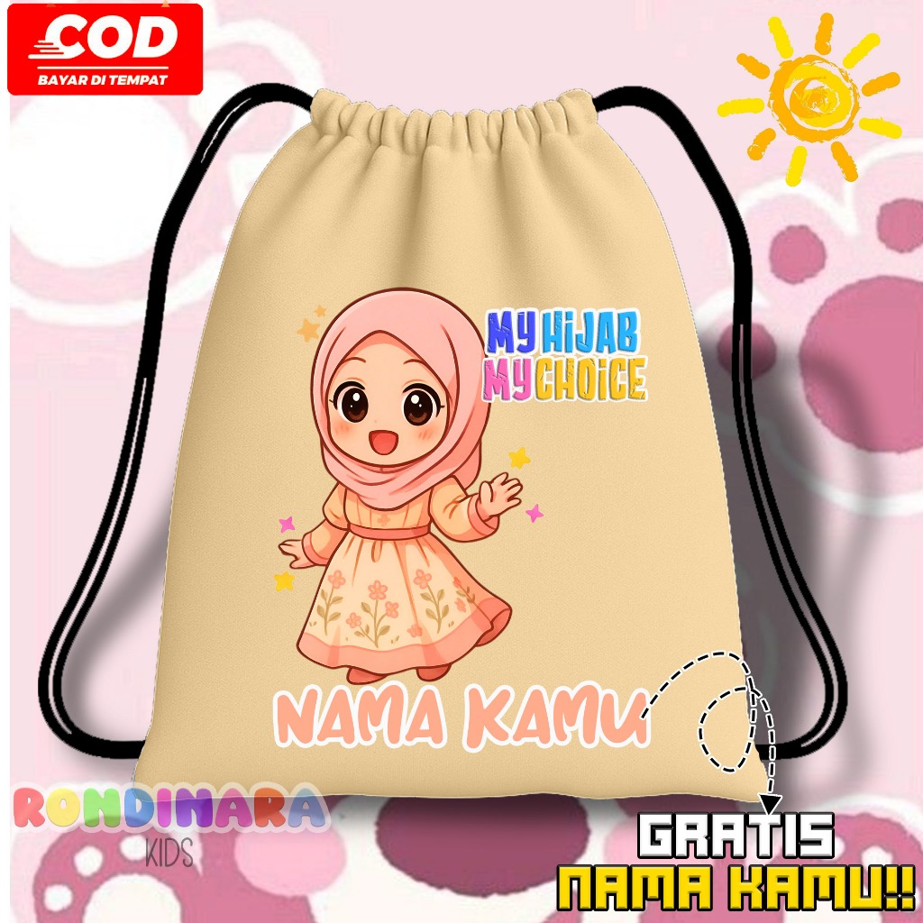 Tas Serut Anak Tas Ransel Anak Motif "My Hijab My Choice'' / Tas Gendong Anak Mengaji ,Sekolah,PAUD,