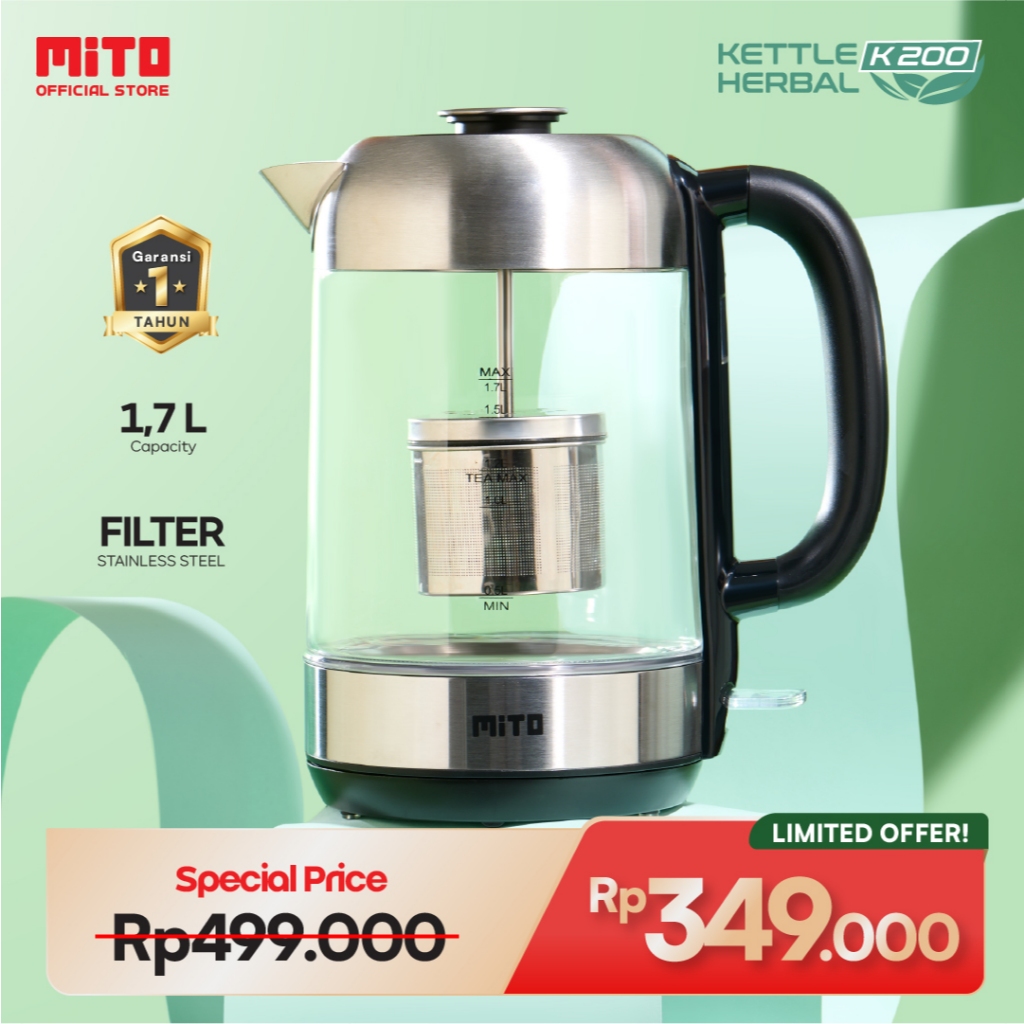 MITO Electric Kettle Herbal K200 1.7L | Teko Listrik Gelas Transparan Pemanas Air Transparent Glass