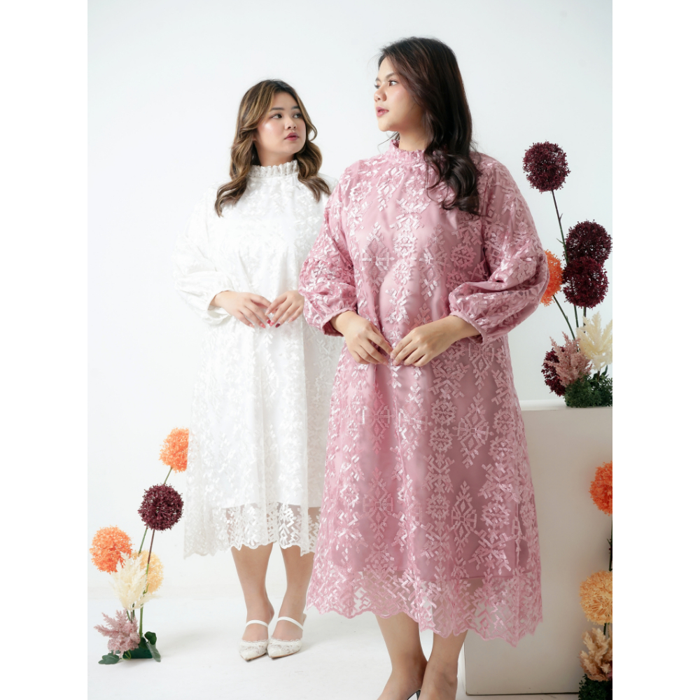 Mille Fleur - Luenne Midi Dress Brokat XL - 4XL Big Size Jumbo | Midi Dress Gaun Wanita Brokat Premi