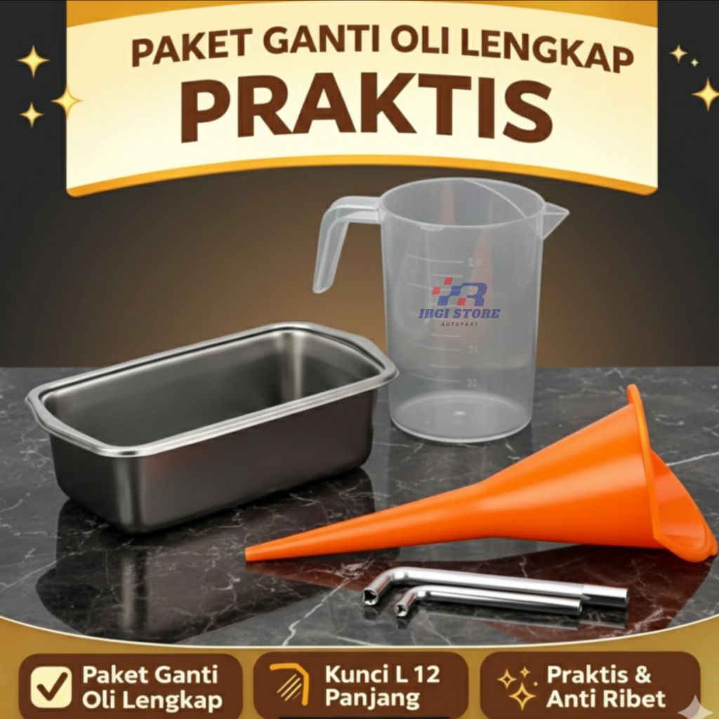 corong oli + wadah + takaran oli 1000 ml+kunci L paket ganti oli mesin komplit.