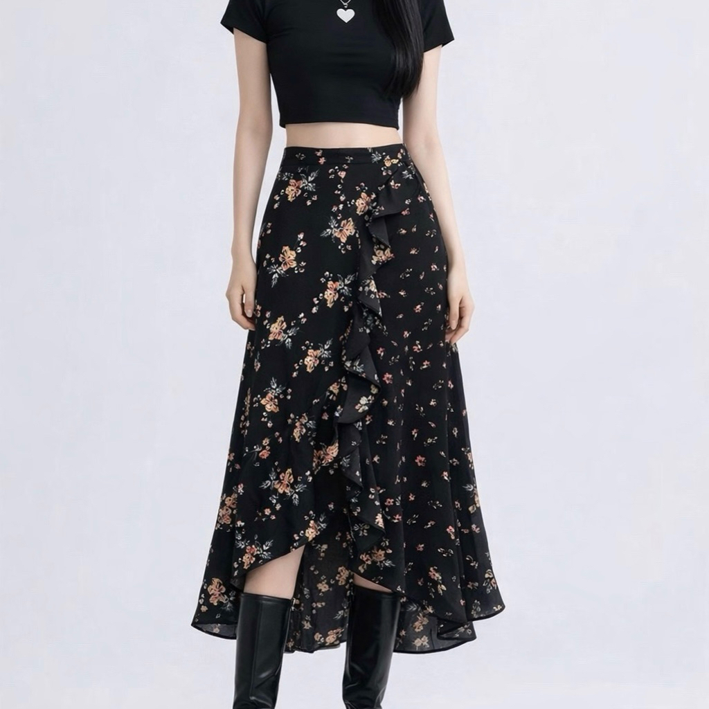 GU UNIQLO FLORAL SKIRT COMBI KOREAN STYLE