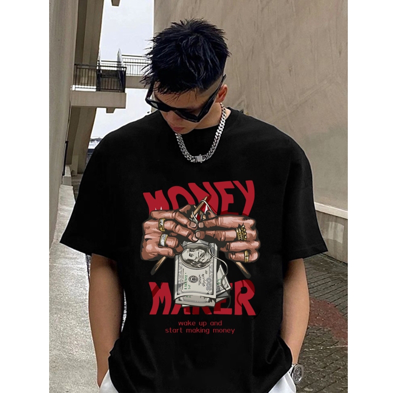 *COD* Kaos MONEY MAKER gaya hip-hop Amerika, unisex, longgar, menyerap keringat, dan bernapas, ukura
