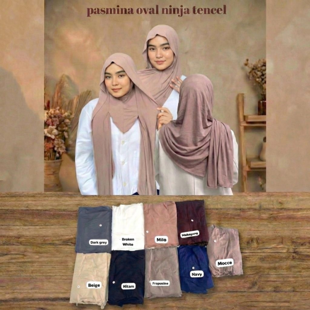 Hijab Instan Pashmina Ninja Rayon Tencel Jilbab Harian Pakaian Muslim Wanita Warna Hitam Beige