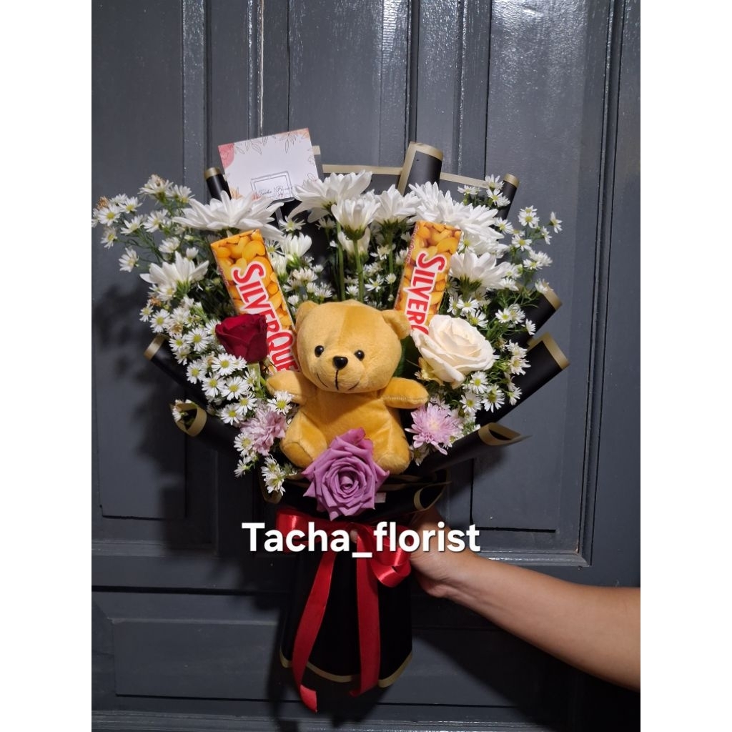 buket bunga mawar asli mix coklat dan boneka