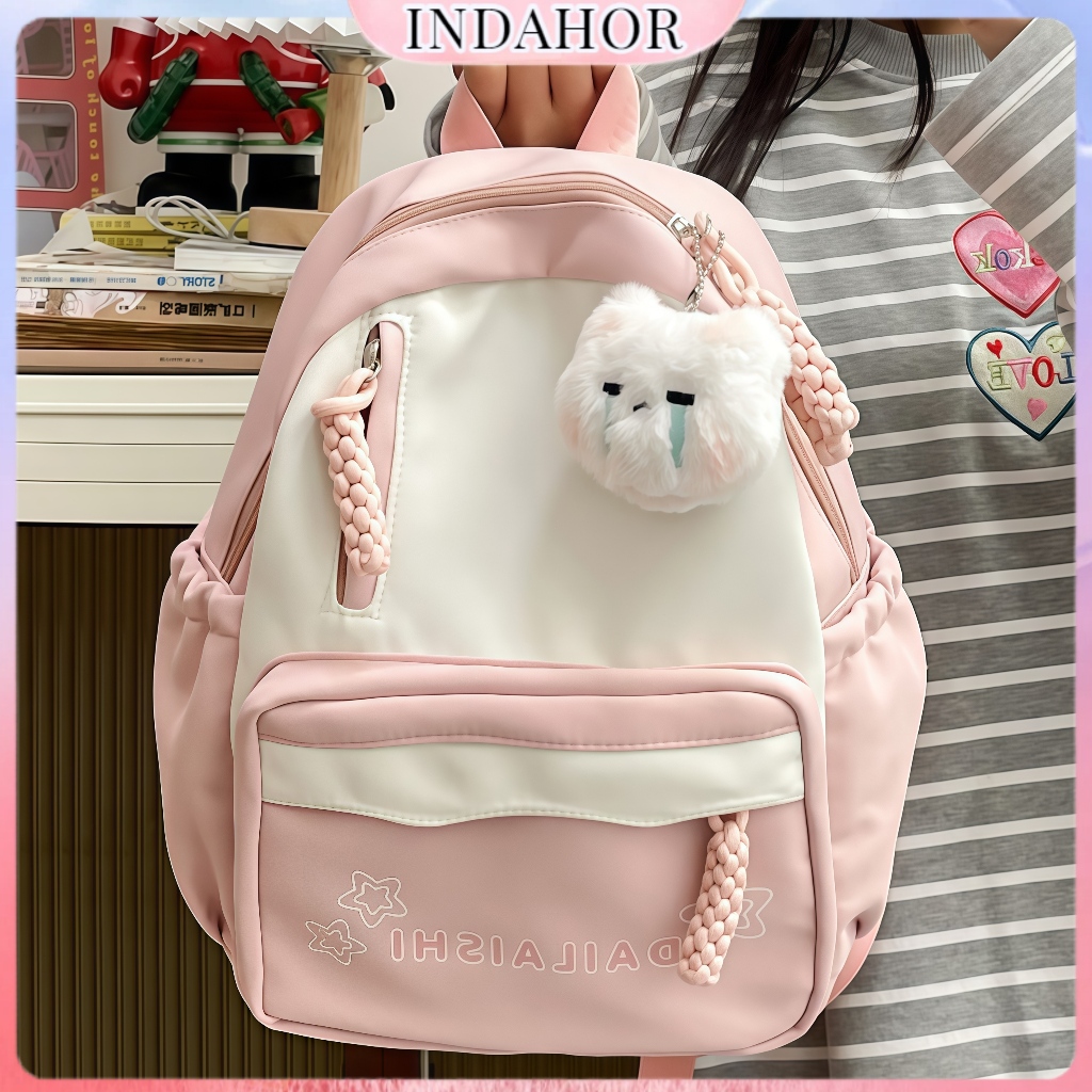 INDAHOR Ransel Wanita Korean Style Tas Sekolah Pink Lucu Ransel Warna Kontras Mode Tas Sekolah Perem