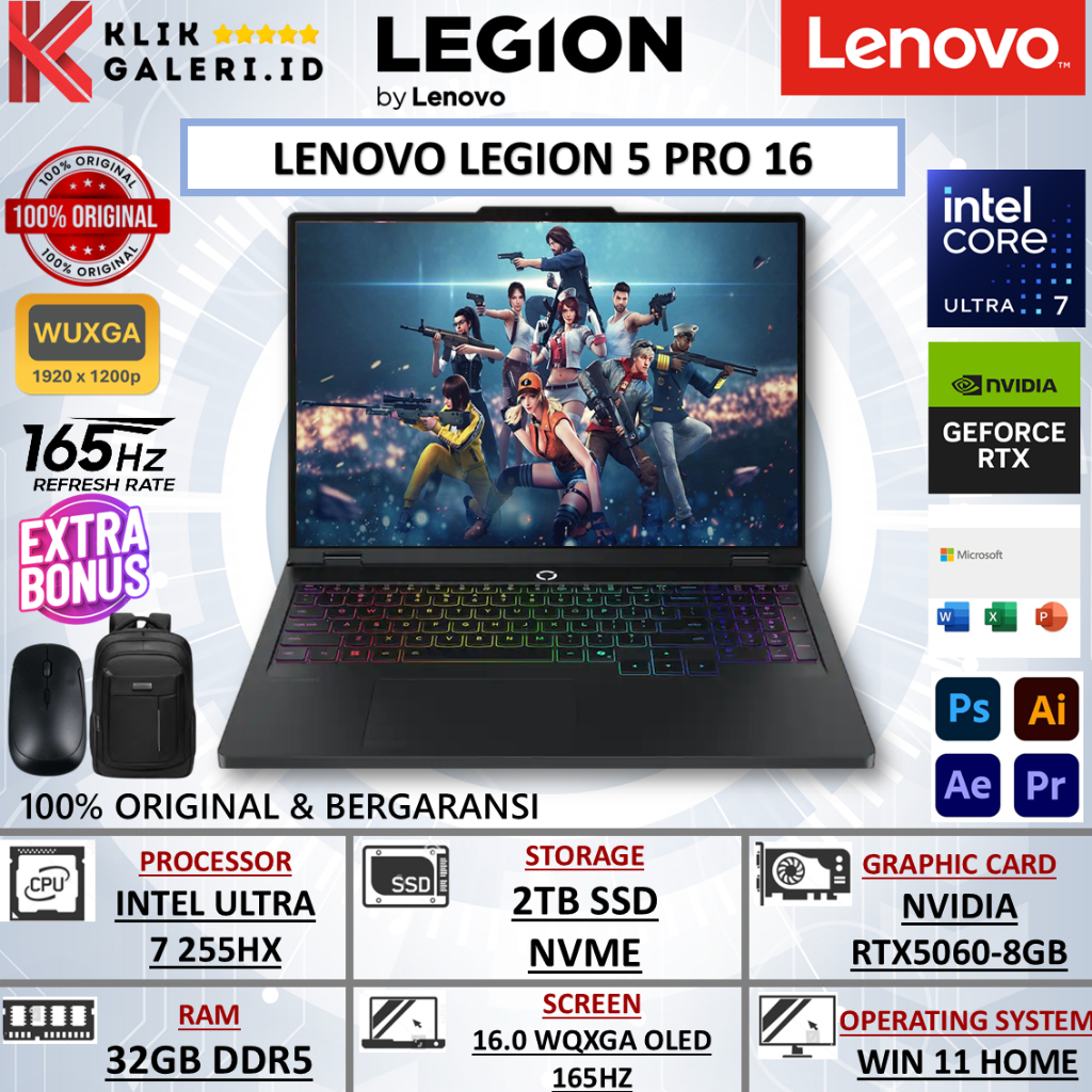 Laptop Gaming Lenovo Legion 5 PRO 16 Intel Ultra 7 255HX 16GB 1TB RTX5060-8GB 16.0 WQXGA OLED RGB Wi