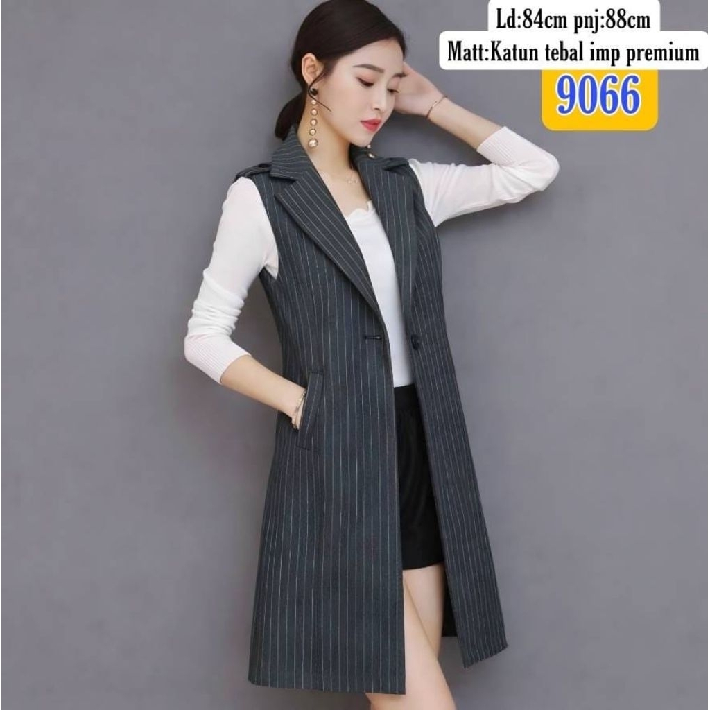 9066 Vest Blazer Panjang Wanita Katun Tebal Import / Rompi Kantor Salur Stripe Premium / Outerwear S
