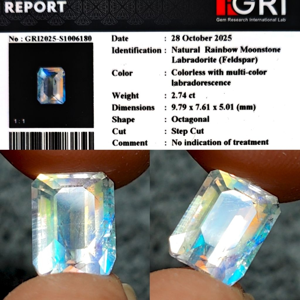 Natural Rainbow Multicolor Moonstone 2.7ct GRI Material Crystall Full Luster Pelangi Siang Malam Nic
