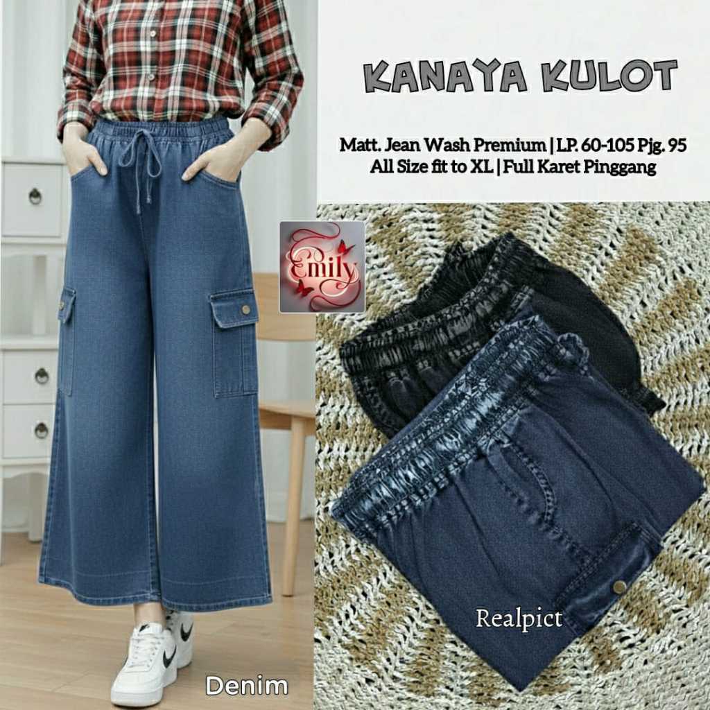 KANAYA KULOT Cargo Celana Jeans Wide Leg Panjang Wanita Premium Original Emily Bahan Jean Wash Melar