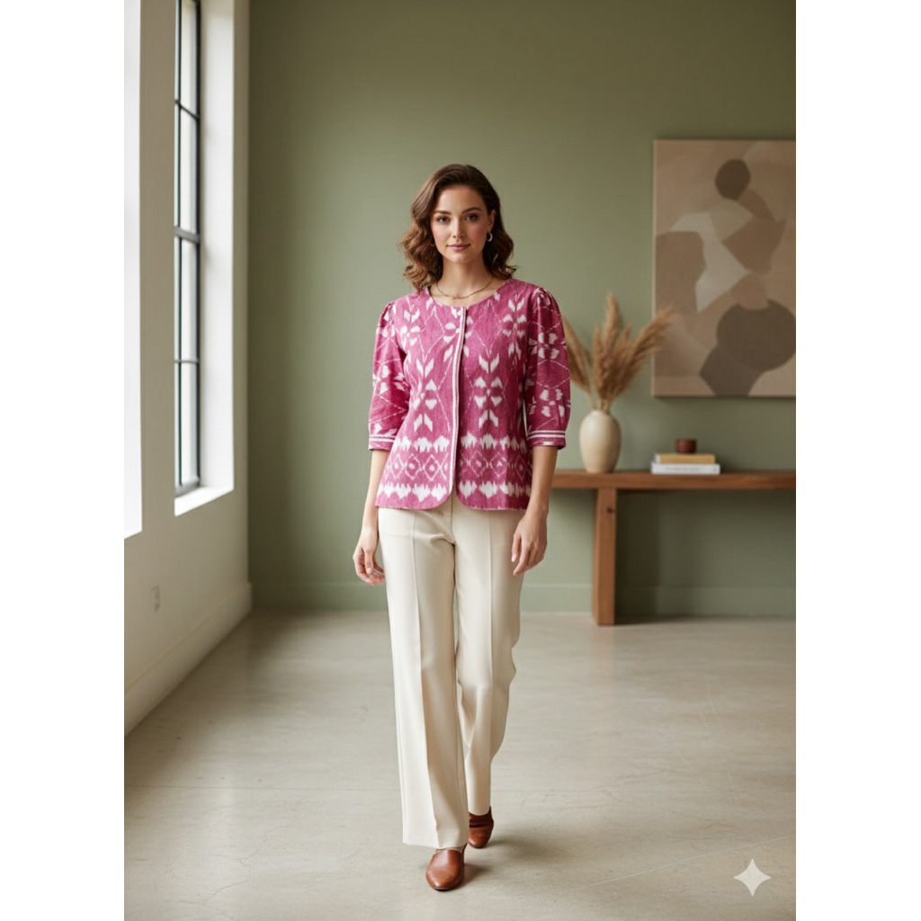 blazer wanita etnik warna pink, atasan wanita tenun