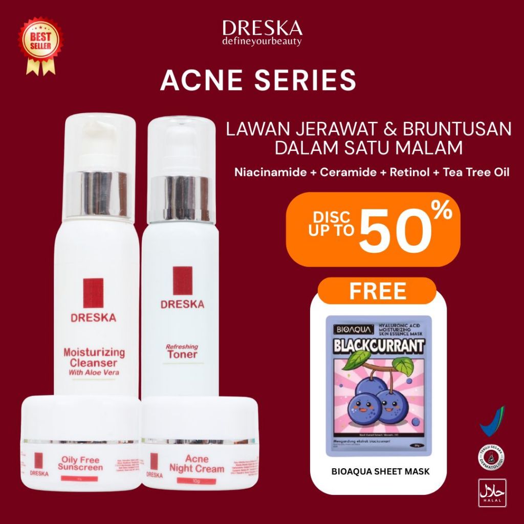 [ FREE MASKER BIOAQUA] ACNE SERIES DRESKA krim jerawat glowing paket BPOM, HALAL,skincare aman untuk