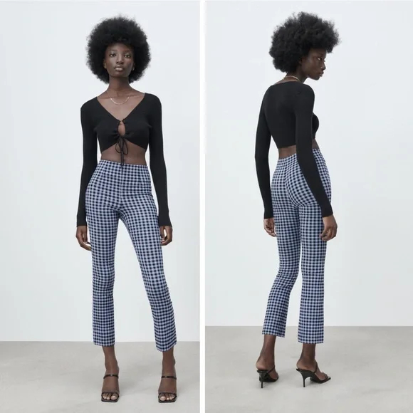 ZARA BLUE GINGHAM KICK FLARE PANTS