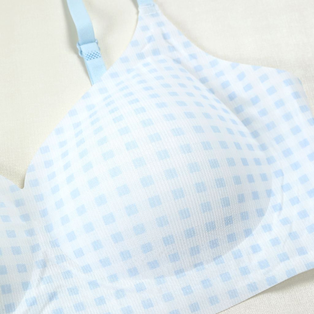MsU Shop Bra wanita seamless tanpa kawat motif kotak biru putih, nyaman untuk daily use, desain pung