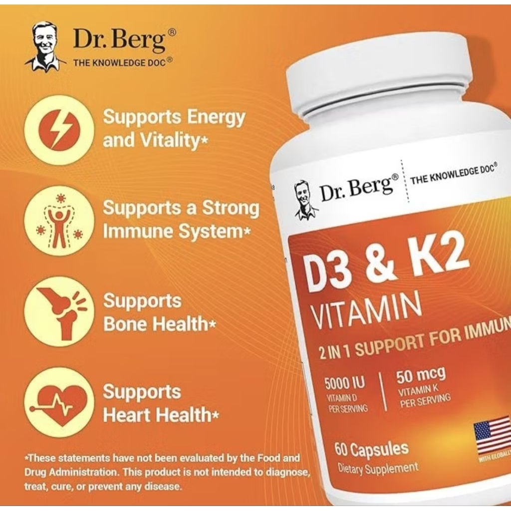 [ORI] Dr.Berg USA Vitamin D3 10.000IU & K2 100mcg 2in1 Support For Immunity 120 Capsules