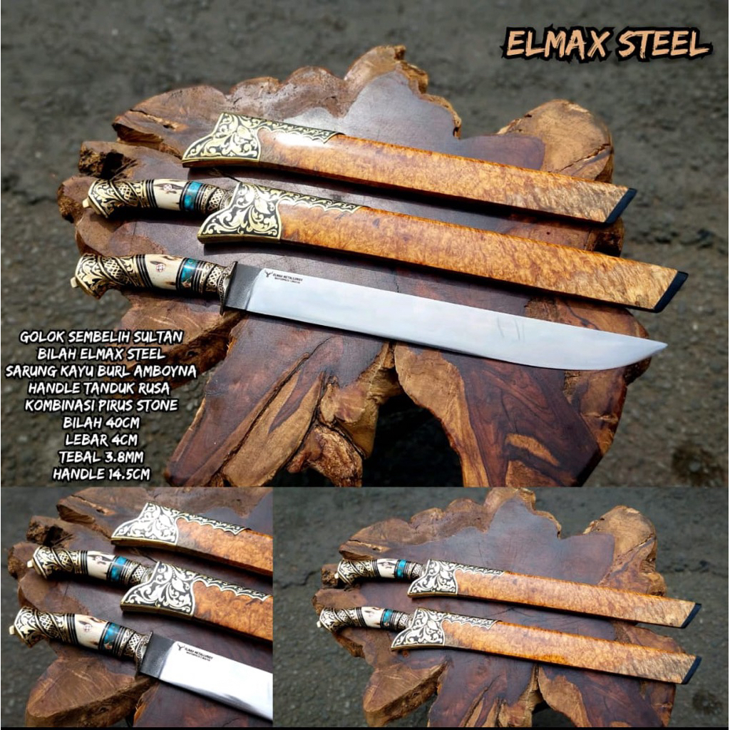Pisau Sembelih Baja Elmax Super Premium Kayu Burl Amboyna