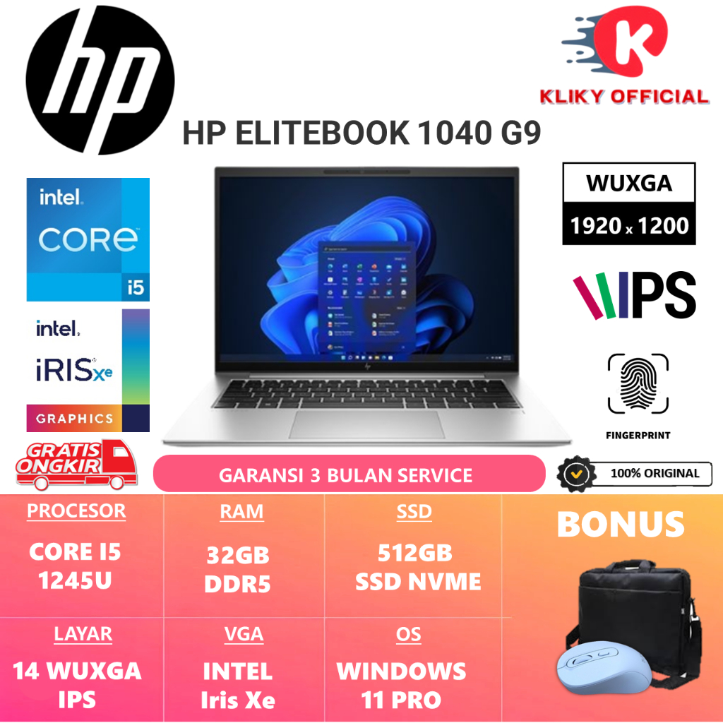 Laptop Bisnis Hp Elitebook 1040 G9 Intel Vpro i5 1245U Ram 32GB DDR5 512GB Ssd 14.0 2.2K IPS