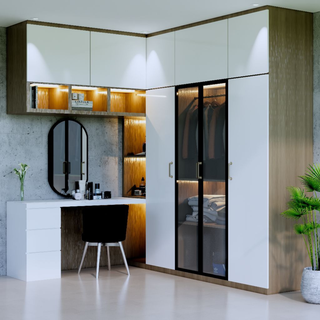 Lemari Pakaian Custom Minimalis Modern + Meja Rias | Wardrobe Built In LED