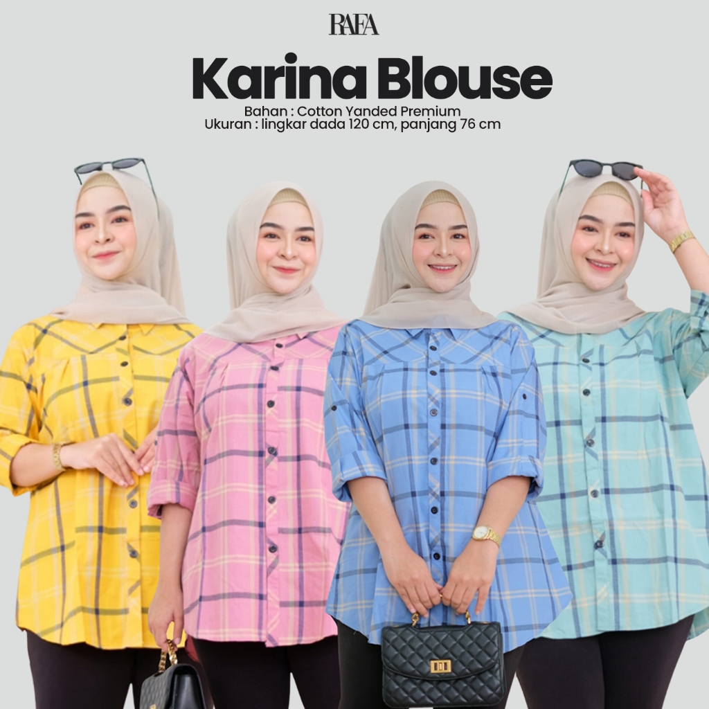 Atasan Wanita Blouse Motif Kotak Karina Blouse Bahan Katun Ukuran Jumbo LD 120 cm