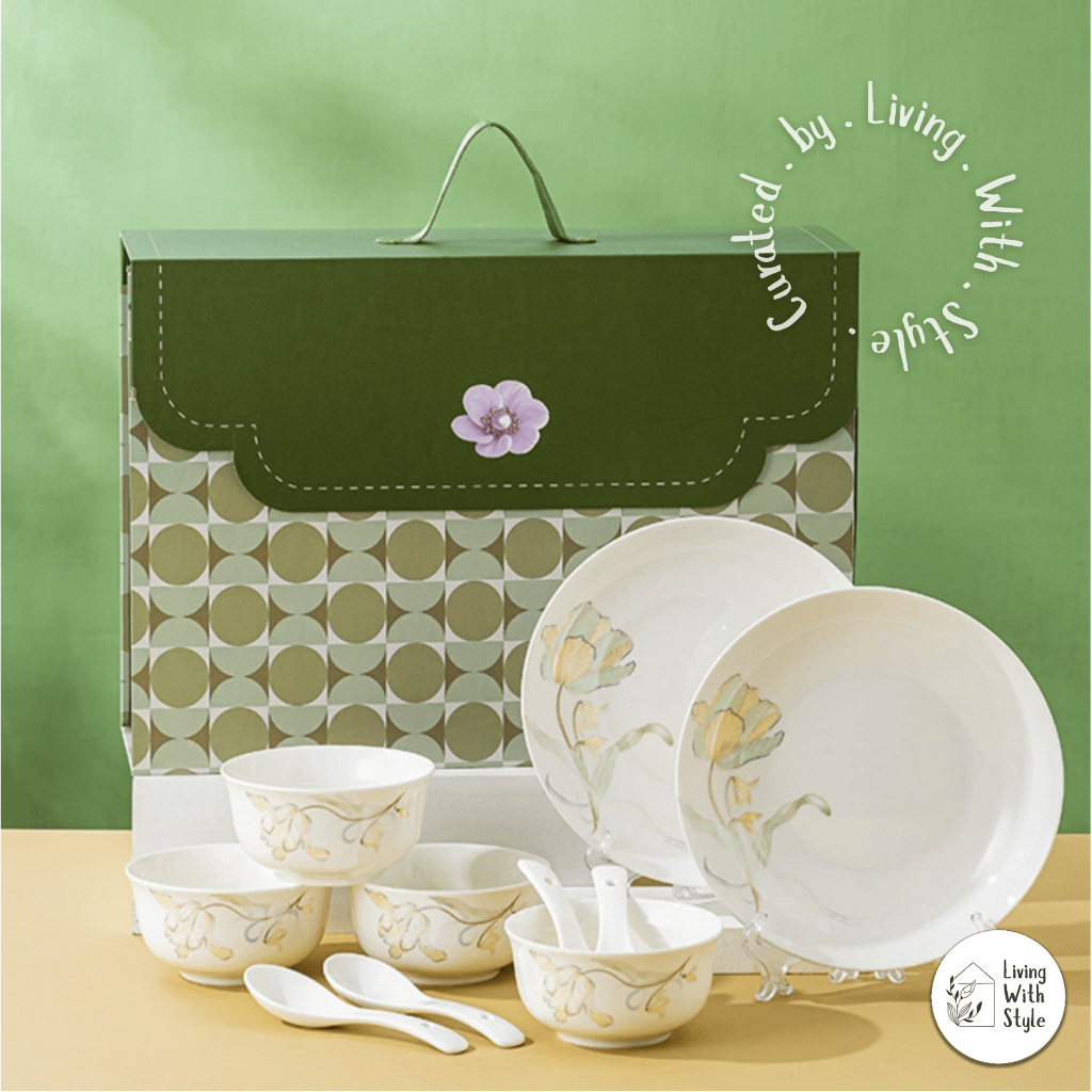 Living With Style - Leilani Flowers Premium Hampers Dining Set Gift Box / Alat Makan Keramik Set Kad
