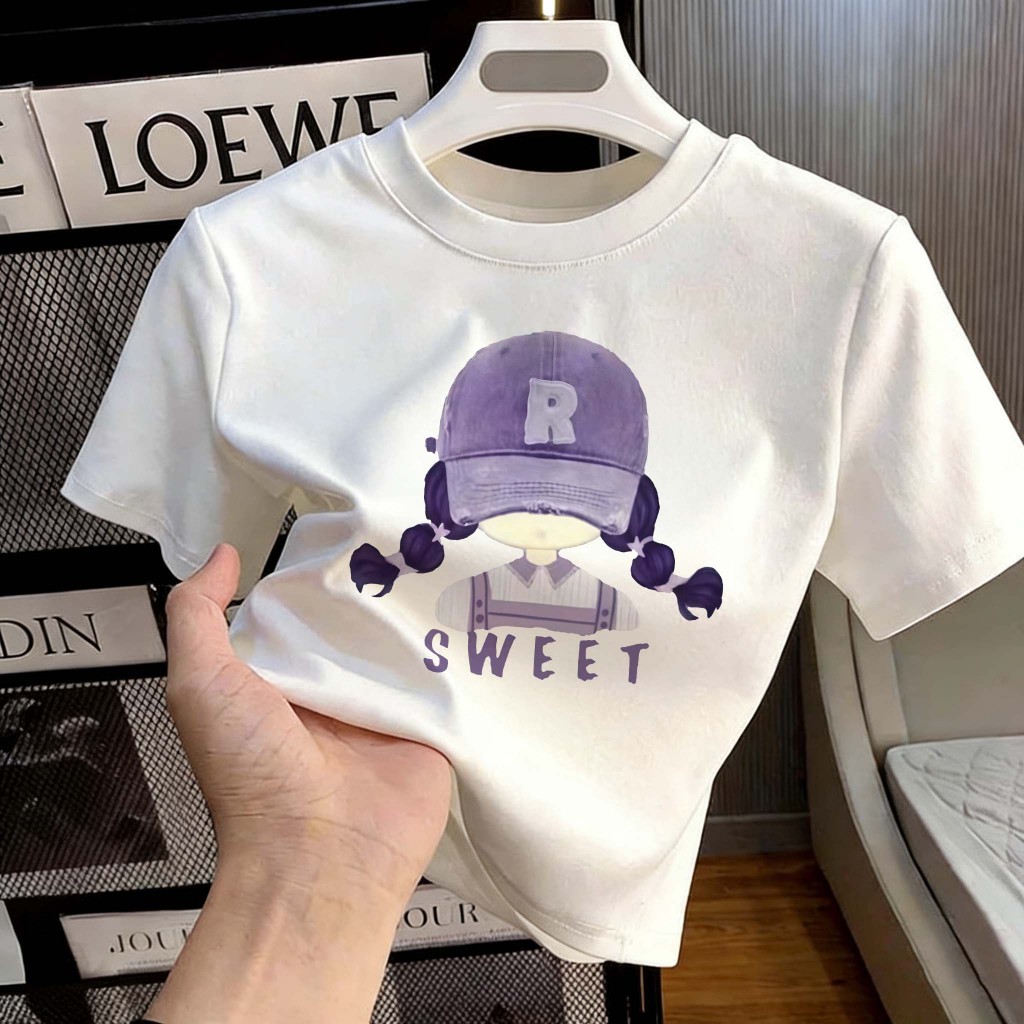 Peach Fashion Motif grafiti ungu ala Korea untuk anak perempuan T-Shirt Crop Top Lengan Pendek Kaos 