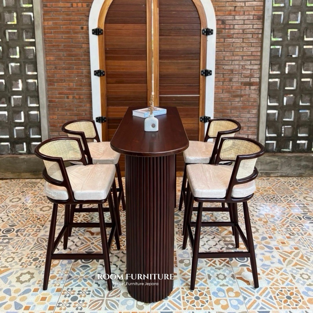 set meja kursi bar minimalis kayu jati tinggi meja bar