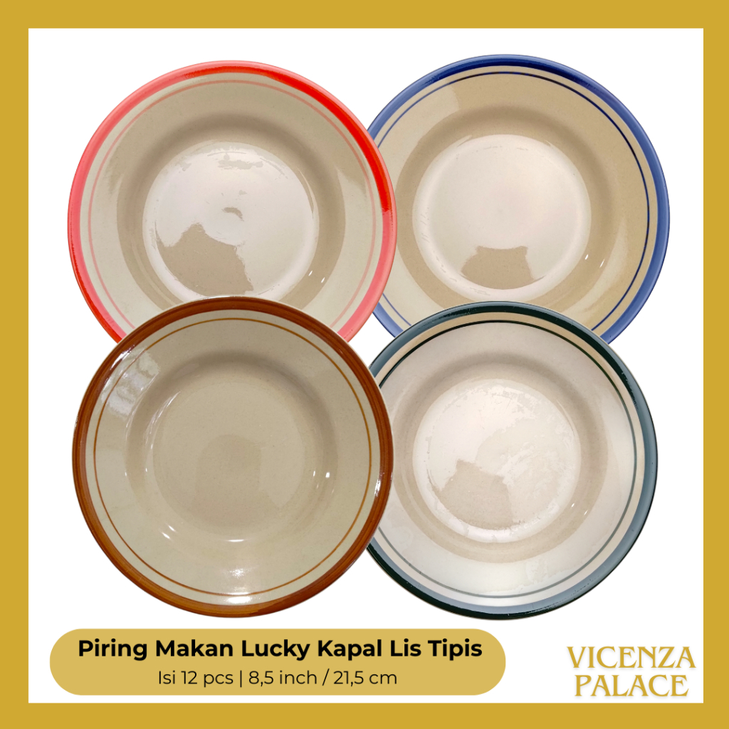 Piring Makan Keramik Seri Kapal List Tipis Warna Lucky Ukuran 8 inch (1 Lusin)