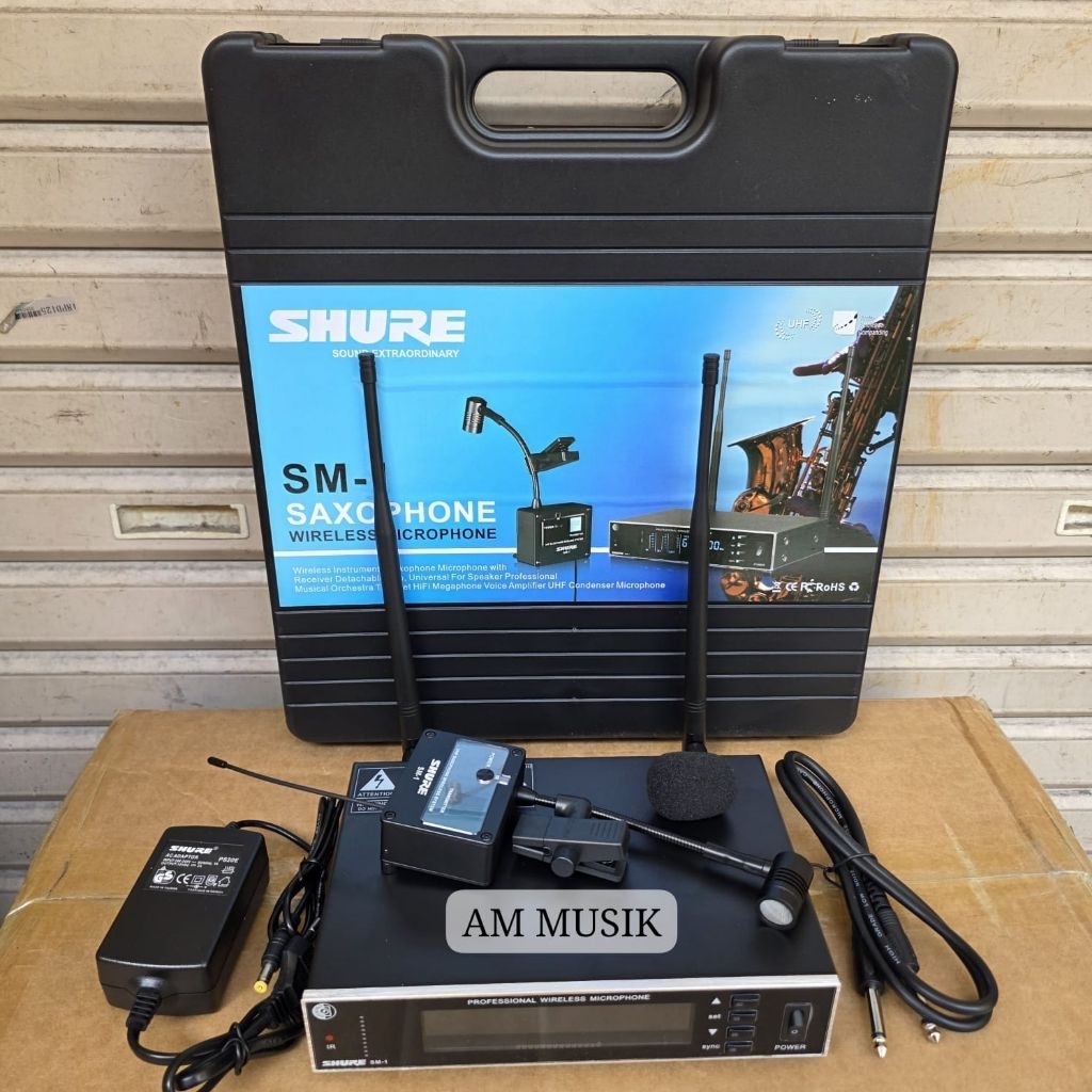 MIC WIRELESS INSTRUMENT SAXOPHONE DAN TROMPET SHURE SM1 NEW PLUS KOPER SM 1 NEW