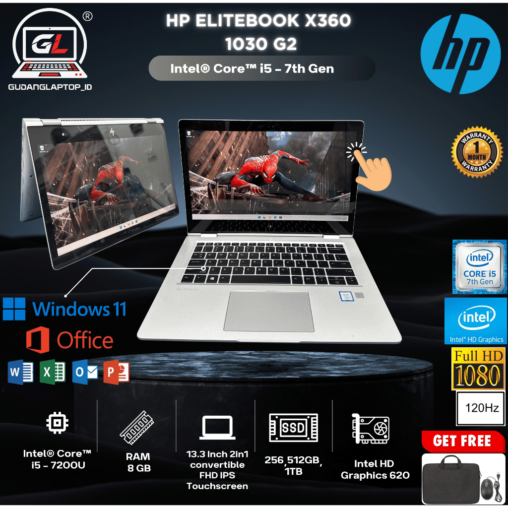 Laptop HP EliteBook x360 1030 G2 – i5 Gen 7 8GB/512GB TouchScreen 2in1  – Laptop Coding & Kantoran -