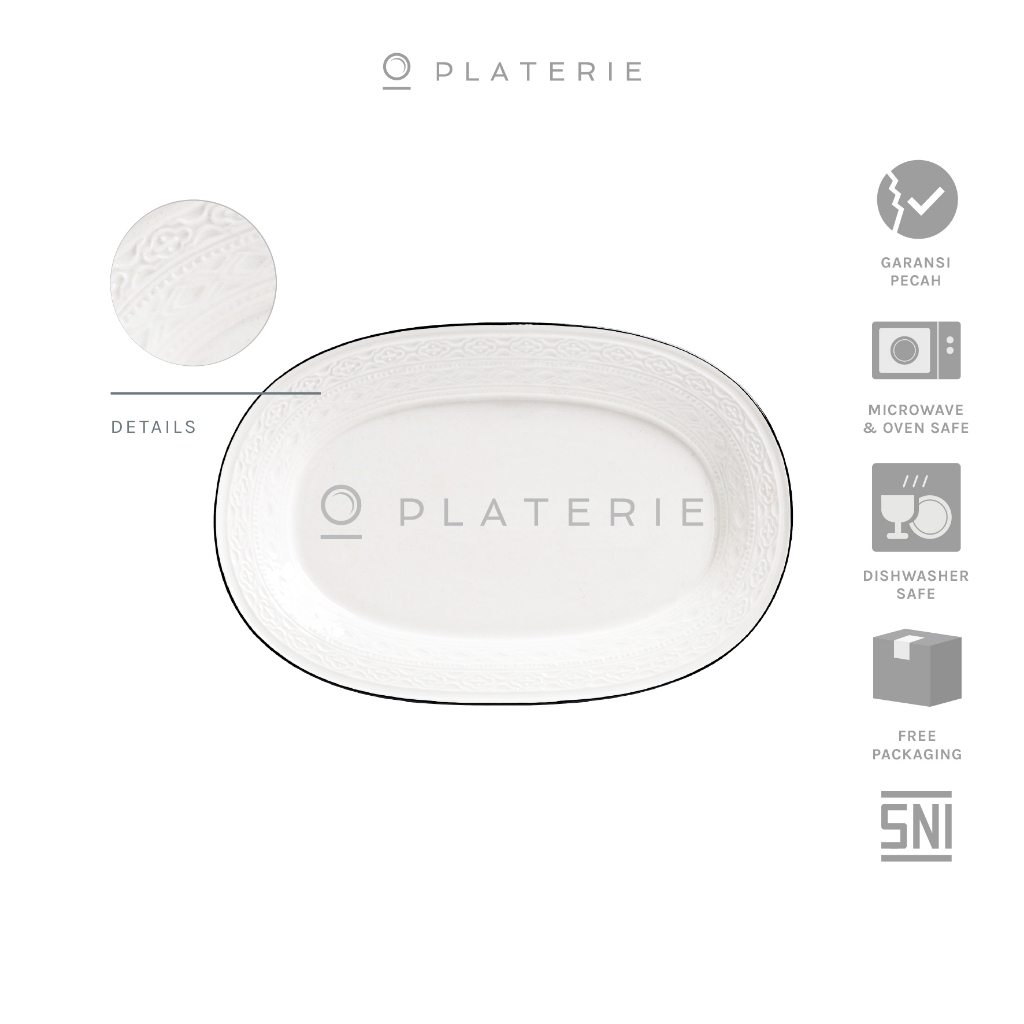 PLATERIE Piring Saji Kotak Oval Porcelain Embossed Plate.12 Inch / 30cm Textured Locke Family